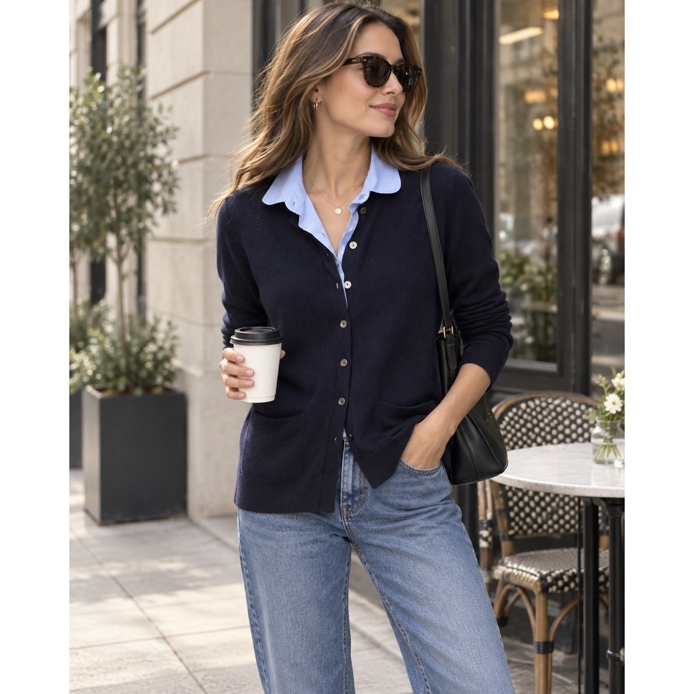 Vince Navy Blue 100% Cashmere Layered Look Cardigan Collared Shirt Contrast M